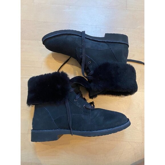 UGG "weylyn" boot shearling cuff Womens Size 9.5 NEW black lace up - Picture 3 of 10